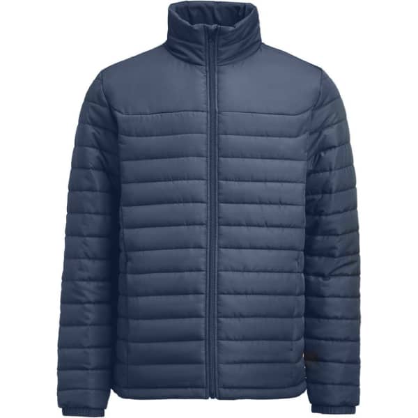 A navy blue padded jacket with a zip front and high collar, featuring a logo on one side.
