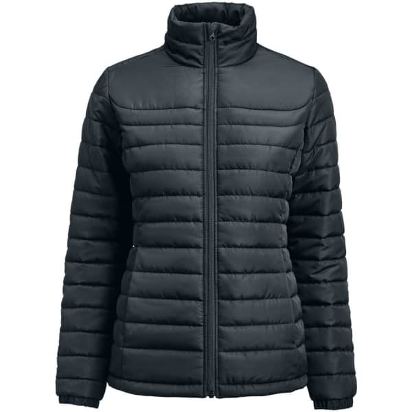 A women's padded puffer jacket in dark grey with a high collar and zipped front. Features vertical quilted sections and branding.