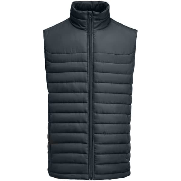 A dark grey men's padded vest with a high collar and vertical stitching, featuring a front zip closure and brand logo.