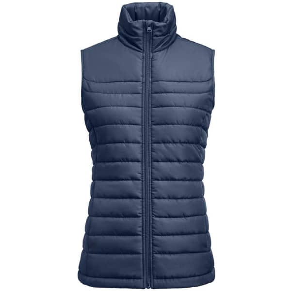 A women's padded vest in navy blue with a zip front and high collar. Features a branding logo.