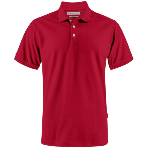 A red men's polo shirt with a collar, short sleeves, and a small logo.