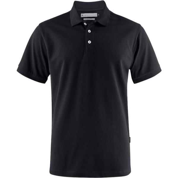 A black men's polo shirt with a collar and buttons, featuring a small logo on the side.