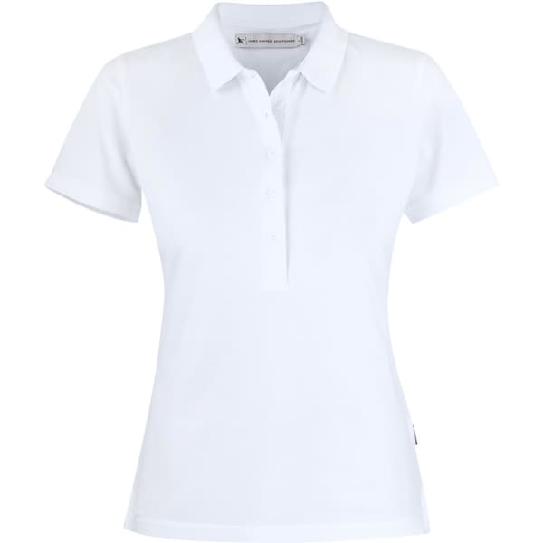A white women's polo shirt with a collar and a button closure, featuring a logo on the side.
