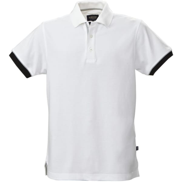 A white men's cotton polo shirt with black accents and a collar, featuring a branding logo.