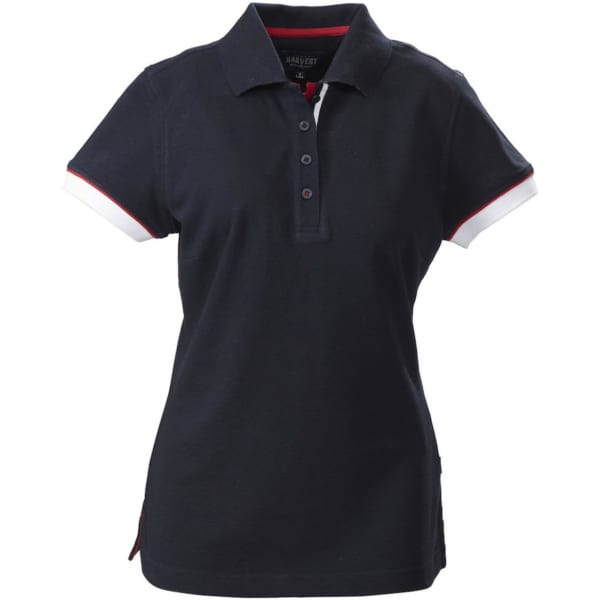 A women's cotton polo shirt in navy blue with white and red accents, featuring a collar and a logo.