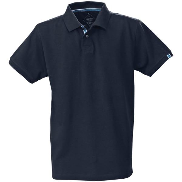 A black cotton polo shirt featuring a collar and short sleeves, with a small logo on the chest.