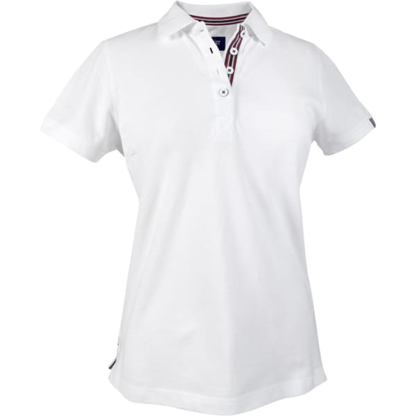 A white women's cotton polo shirt with a collar and a branded logo. Features a stylish striped inner placket.