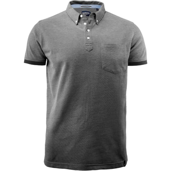 A men's cotton polo shirt in grey with a button-down collar and a chest pocket. It features a logo.