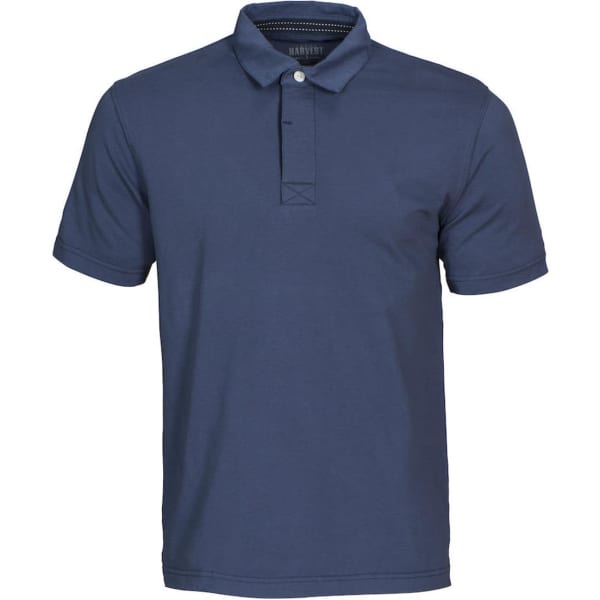 A navy blue cotton polo shirt with a collar and a logo. It features a two-button placket.