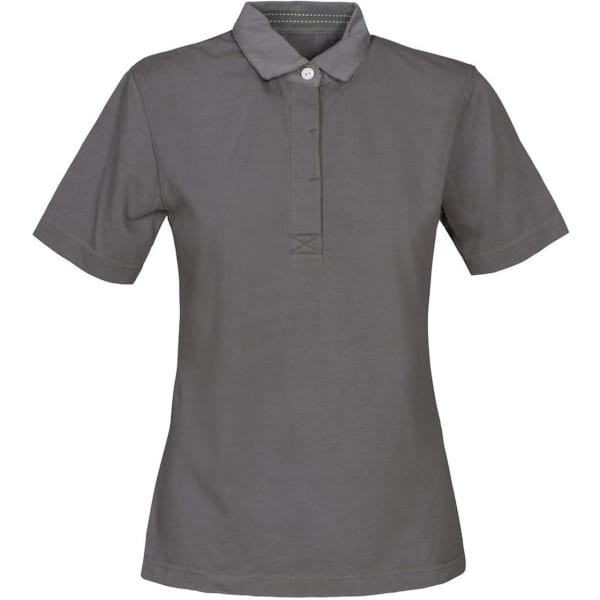 A women's polo shirt in a muted grey colour, featuring a collar and button placket, with branding.