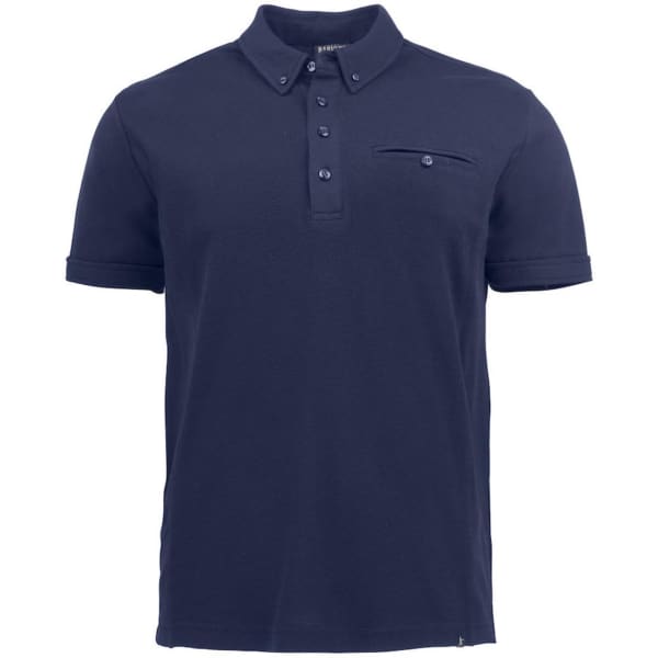 A navy blue men's polo shirt with a button-down collar and a chest pocket. It features a small logo.