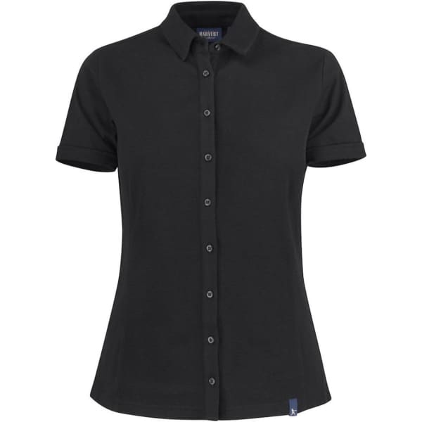 A black women's polo shirt featuring a collared neckline and short sleeves. The shirt has a logo on it.