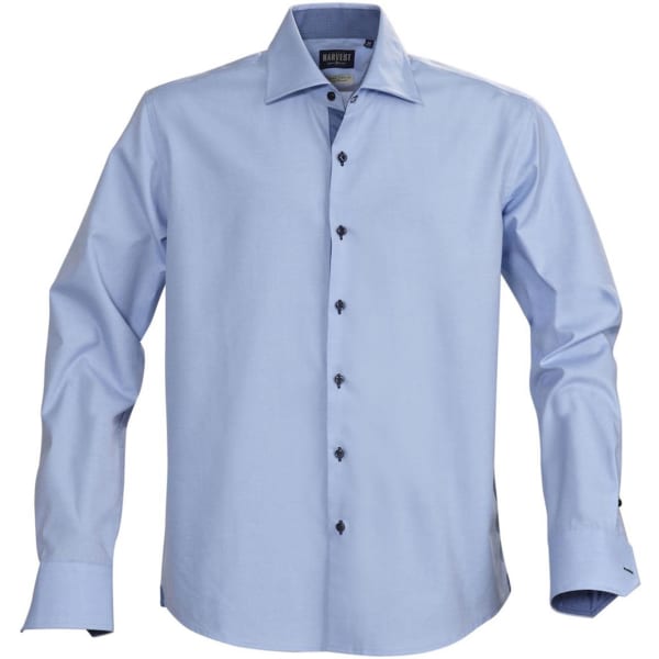A light blue button-up shirt featuring long sleeves and a branded logo. Buttons are dark in colour.