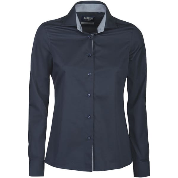 A dark navy women's button-up blouse with long sleeves and a contrasting inner collar. Features a logo on the label.