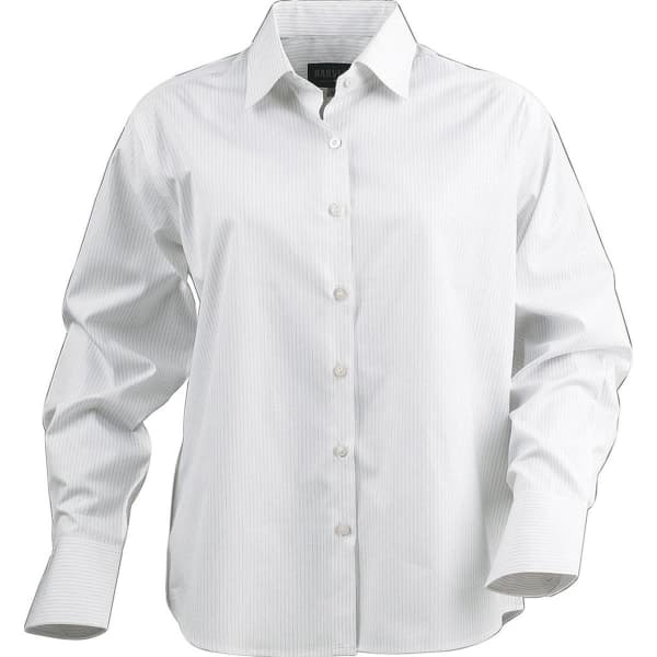 A white button-up blouse with subtle stripes and long sleeves, featuring a classic collar and a logo.