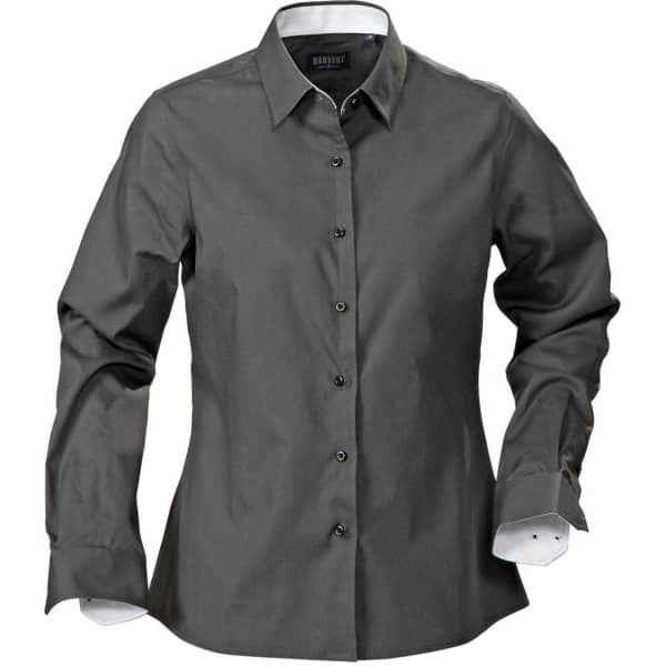 A dark grey button-up blouse with long sleeves and contrasting white cuffs. Features a collar and a front button placket.