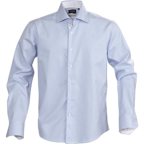 A blue and white striped button-up shirt with long sleeves and a collar, featuring a logo on the label.