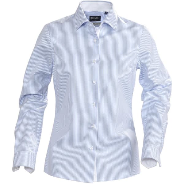 A button-up shirt in blue and white stripes, featuring a collar and long sleeves. The shirt has a logo.