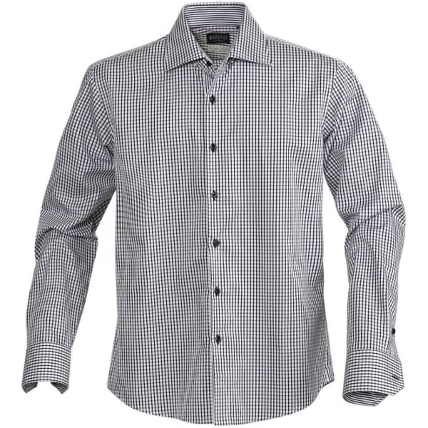 A button-up men's shirt featuring a black and white check pattern and long sleeves, with a logo on the collar.
