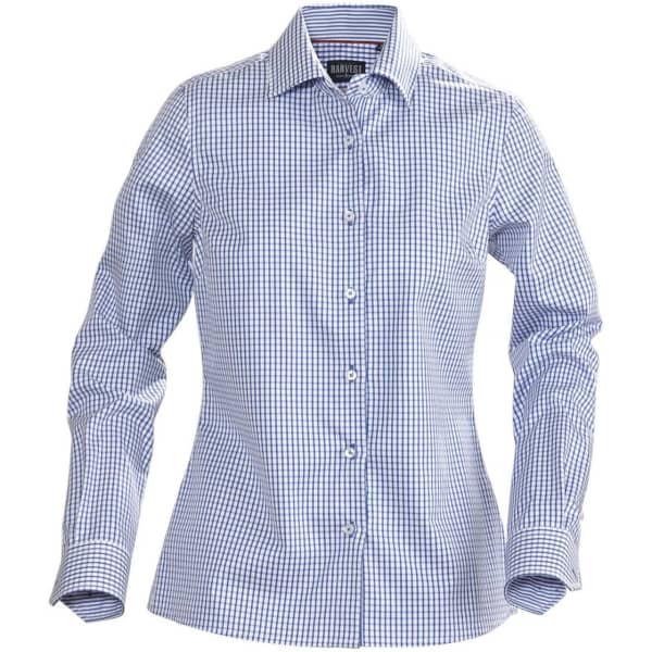 A button-up women's shirt in blue and white checkered pattern, featuring long sleeves and a collar. It has a logo.
