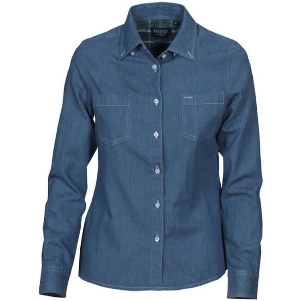 A blue denim button-up shirt for women featuring two chest pockets and a collared neckline. It has a branding logo.