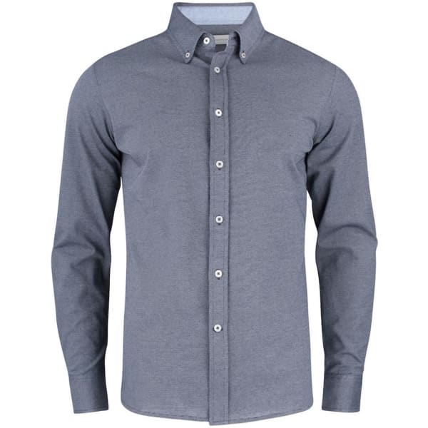 A button-up shirt in a dark grey colour with a classic collar and long sleeves, featuring a logo.