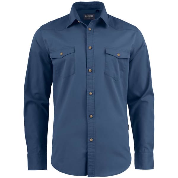 A blue button-up shirt with long sleeves and two front pockets. It features a logo on the label.