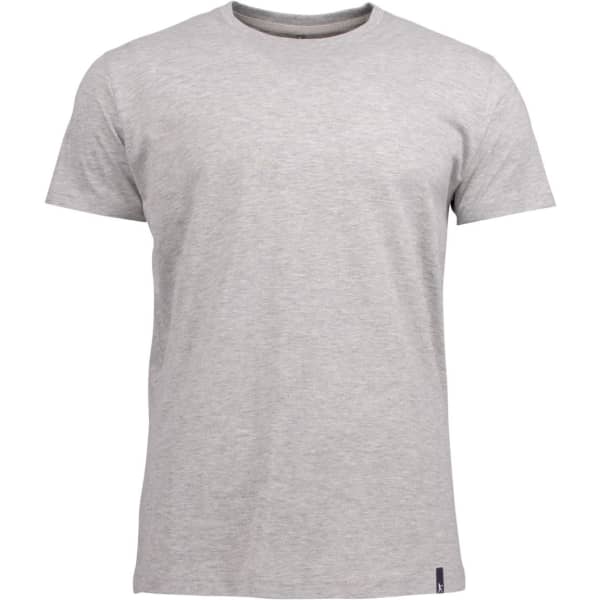 A grey crew neck t-shirt featuring a simple design and a small logo on the side. Suitable for casual wear.