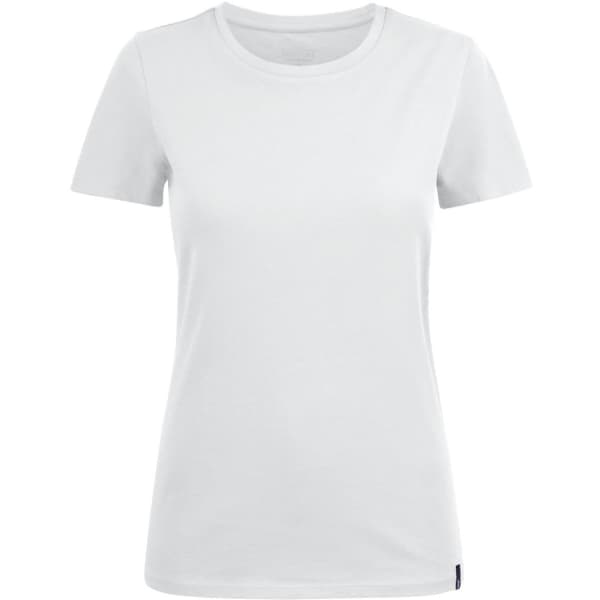 A white women's crew neck t-shirt featuring short sleeves and a logo.
