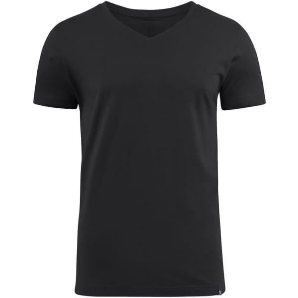 A black men's V-neck T-shirt featuring short sleeves and a logo on the hem.
