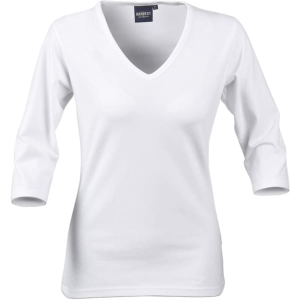 A white women's V-neck 3/4 sleeve tee with a fitted style and a logo on the neckline.