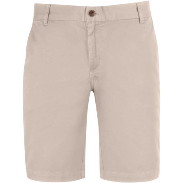 Beige dress shorts featuring a button closure and two front pockets, with a subtle branding logo.