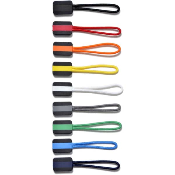 A set of ten zip pullers in various colours, featuring compact rectangular grips and fabric loops.