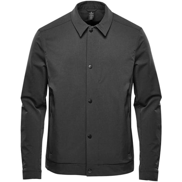 A black men's Soho jacket featuring a button front and a stylish design, with a logo on the chest.