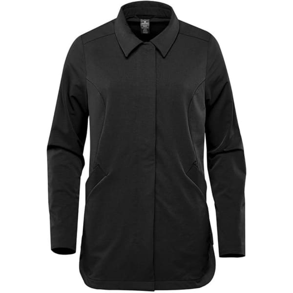 A black women's jacket featuring a collared neckline and side pockets, with a sleek, minimalist design.
