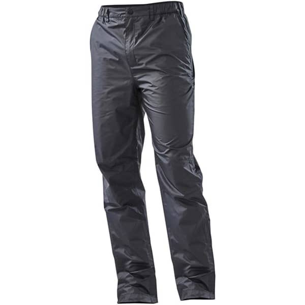 Men's Olympia Rain Pant in black, featuring a smooth texture and an elastic waist. Includes a logo on the design.