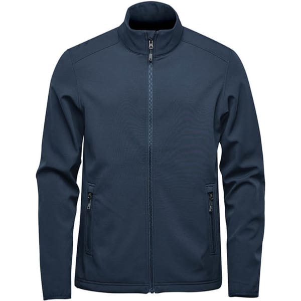 A navy blue softshell jacket with a zip front and side pockets, featuring a logo on the chest.