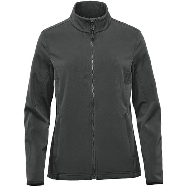 A dark green women's soft shell jacket with a full front zip and a high collar. It features a logo on the chest.