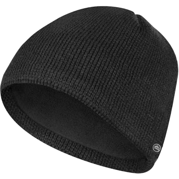 A black knitted fleece beanie with a fitted design and a small logo on the side.