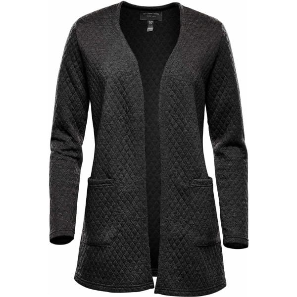 A Women's Chelsea Open Cardigan in a textured dark grey with pockets and a relaxed fit. Features a branding logo.
