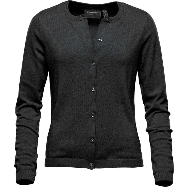 A black women's cardigan featuring a button-up front and long sleeves, with a logo on the tag.