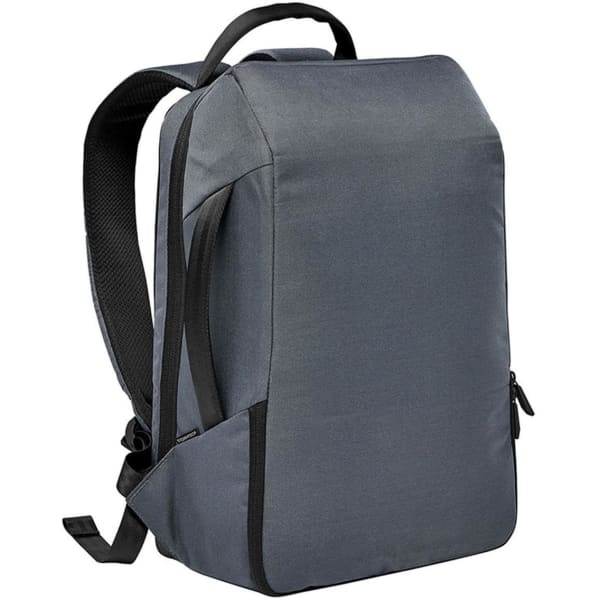 A dark grey backpack with padded straps and a sleek design, featuring a side zipper and a logo.
