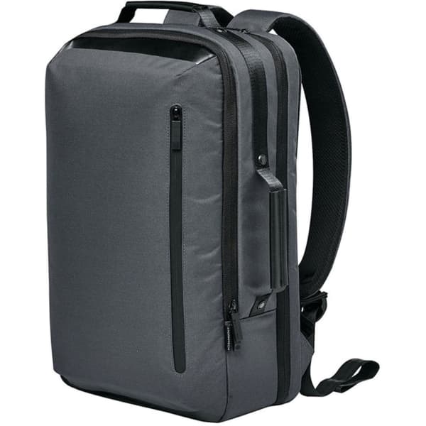 A sleek grey backpack with padded straps and multiple compartments, featuring a logo on the side.