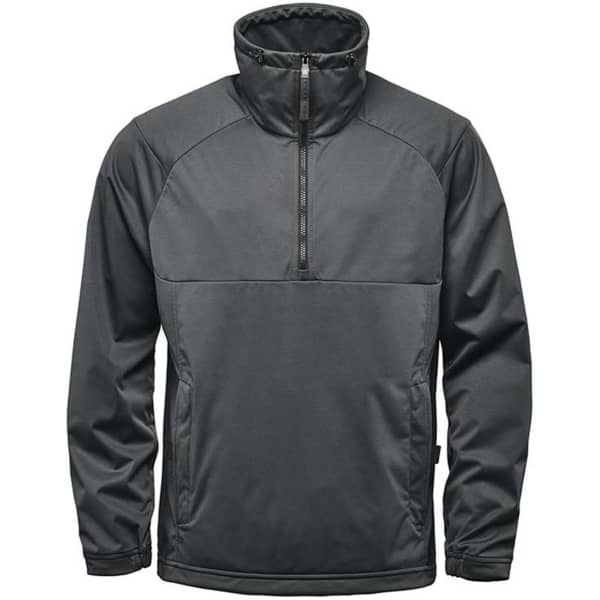 A men's dark green Catskill anorak jacket with a high collar and zip pocket at the front. It features a logo.