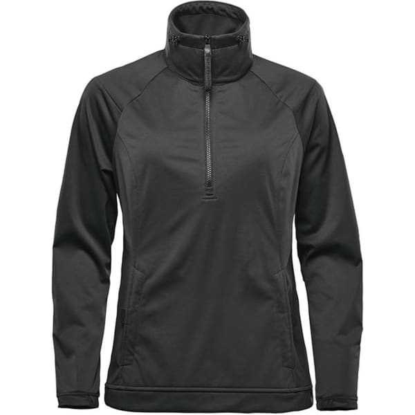 A black women's anorak jacket with a high collar and zip closure, featuring long sleeves and a sleek design.