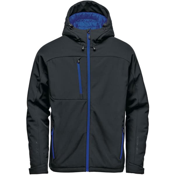 A black insulated softshell jacket with a blue interior and zippers, featuring a logo on the chest.