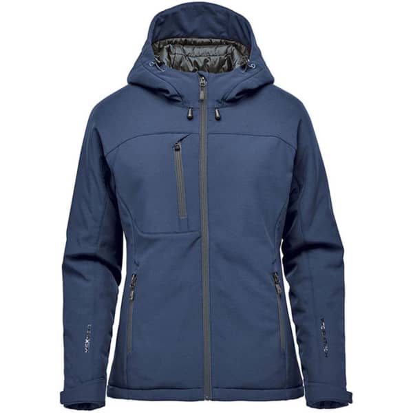 A navy blue women's insulated softshell jacket featuring a hood and multiple zip pockets. It has a logo on the sleeve.