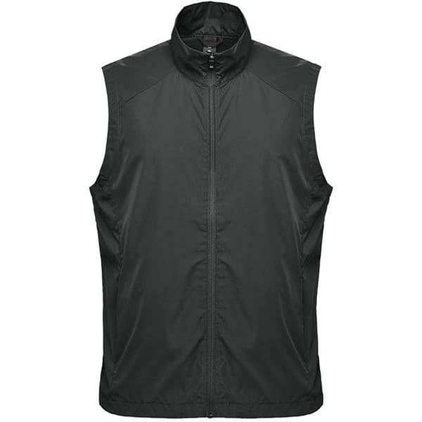 A dark green men's vest with a high collar and zipper, designed as workwear. It features a subtle logo.