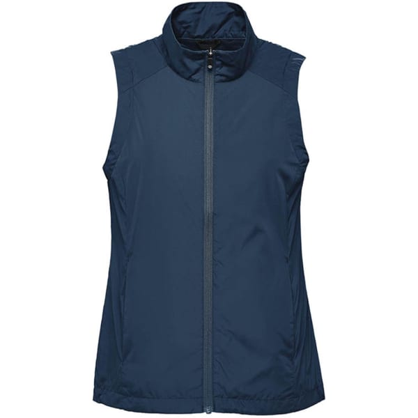 A sleeveless women's vest in dark navy with a front zip and high collar, featuring a logo.