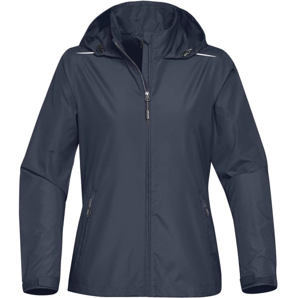 A women's rain jacket in navy blue featuring a hood and zippered pockets, with a logo on the chest.